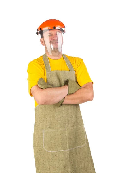 Welder with protective face shield — Stock Photo, Image