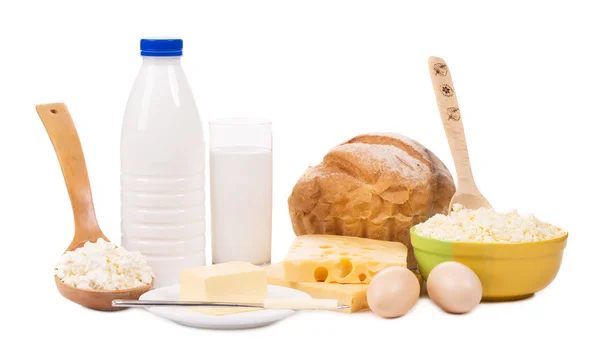 Dairy products and bread. — Stock Photo, Image