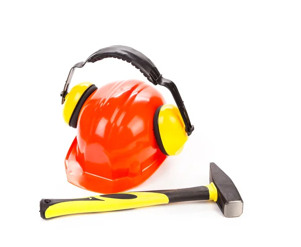 Red hard hat with instruments. — Stock Photo, Image