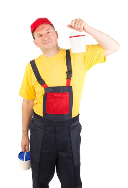 Dělník i s kbelíky na barvy. — Stock fotografie
