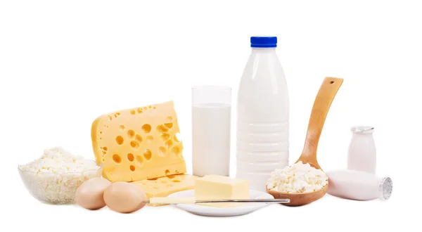 Dairy products and bread. — Stock Photo, Image