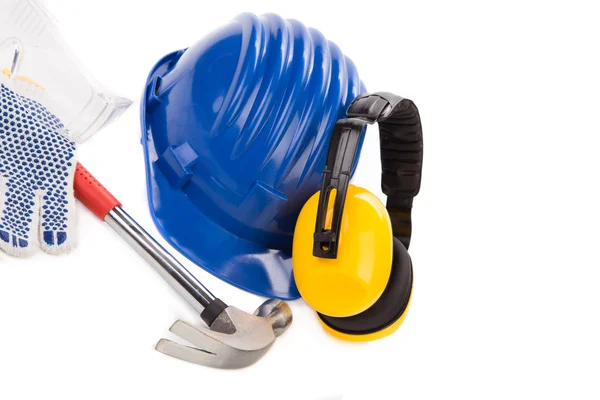 Hard hat and ear muffs hammer. — Stock Photo, Image