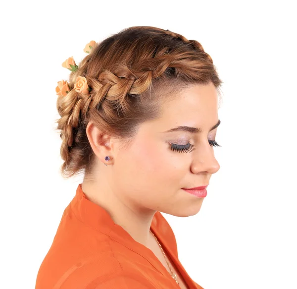 Pretty girl with thick long braid. — Stock Photo, Image
