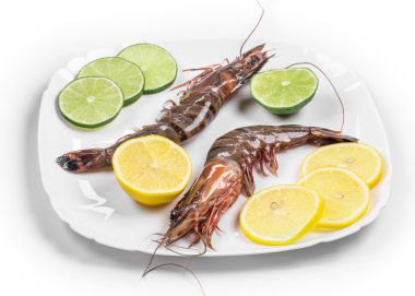 Beyaz tabakta çiğ karides.