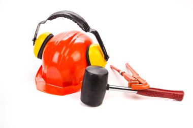 Kırmızı kask kulaklık ile 