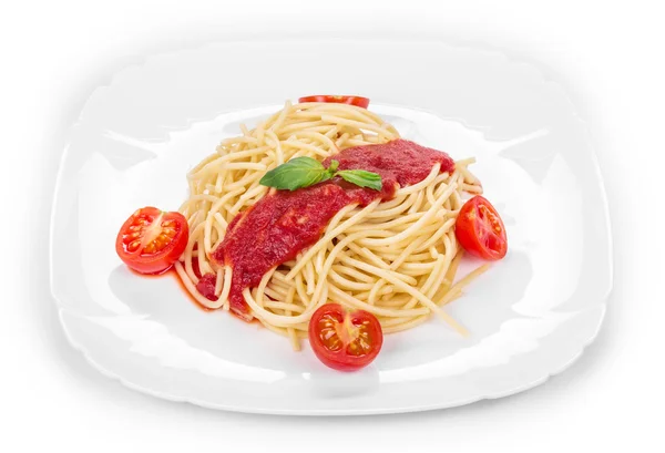 Spaghetti mit Tomate und Basilikum. — Stockfoto