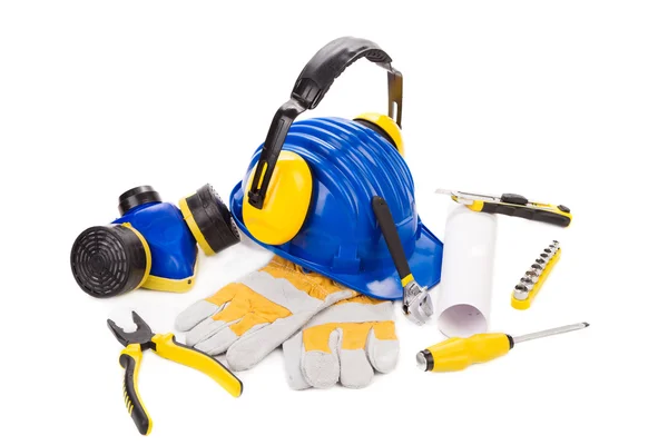 Capacete azul e ferramentas de trabalho . — Fotografia de Stock