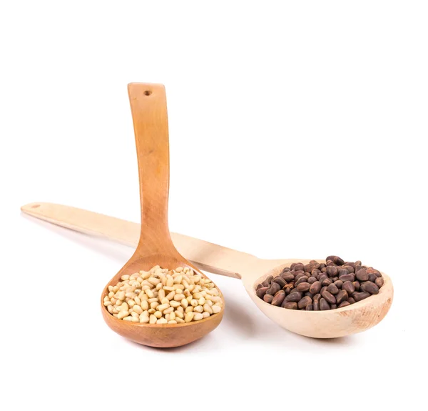 Pine nuts in  wooden spoon. — Stock Photo, Image