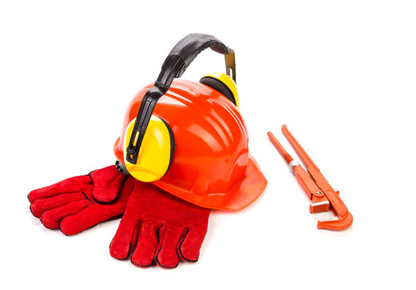 Red hard hat with tools