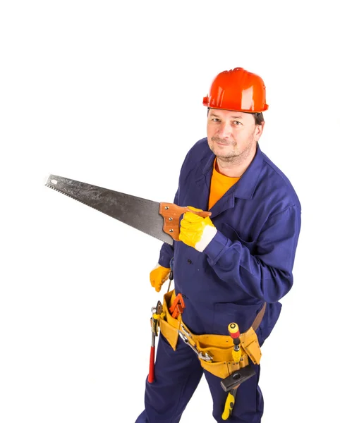 Worker with hand saw — Stock Photo, Image