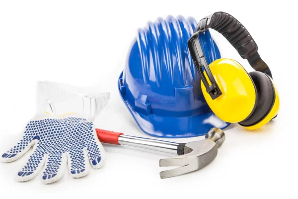 Capacete azul e ferramentas de trabalho . — Fotografia de Stock
