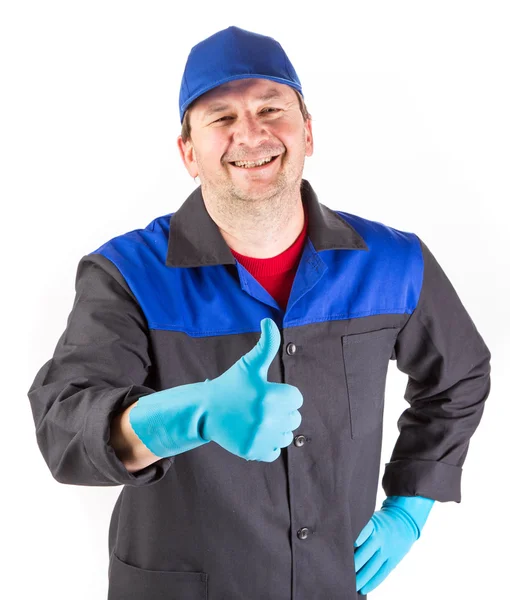 Trabajador feliz con los pulgares arriba . — Foto de Stock