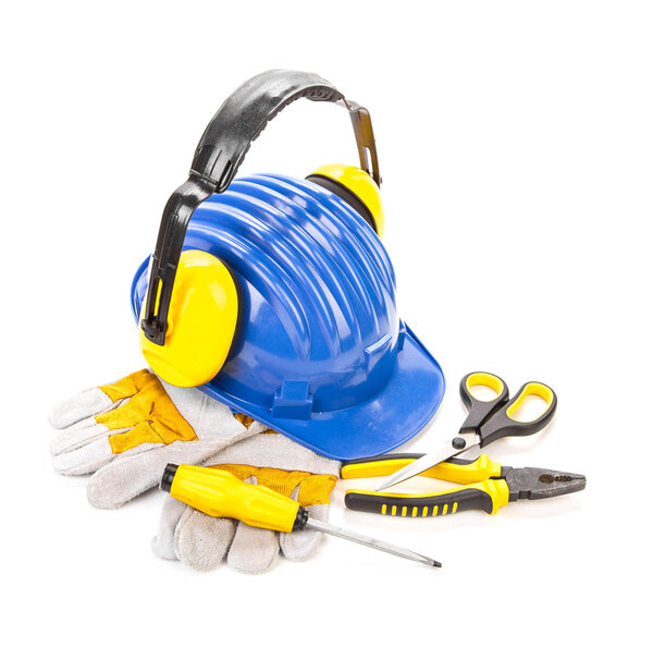 Blue helmet and working tools.