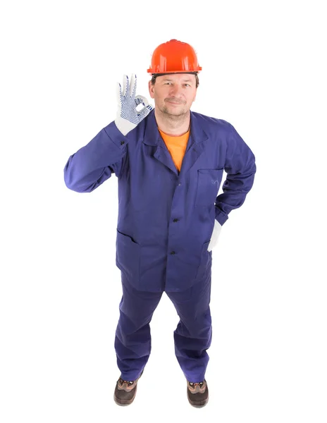 Trabajador mostrando ok signo en guante de goma . — Foto de Stock