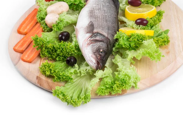 Färska havsabborre fisk på sallad. — Stockfoto