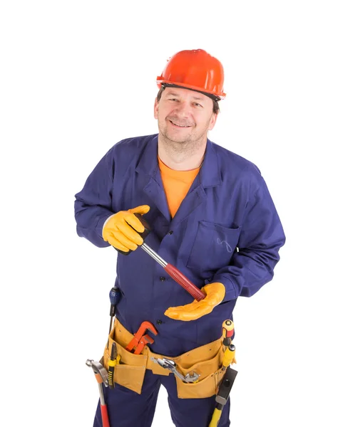 Worker in red protective helmet. — Stock Photo, Image