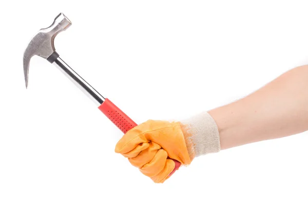 Man's hand in glove holding hammer. — Stock Photo, Image