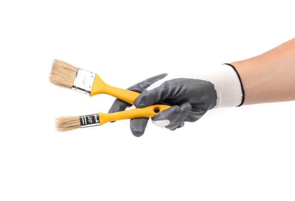 Hand in gloves holds brush. — Stock Photo, Image