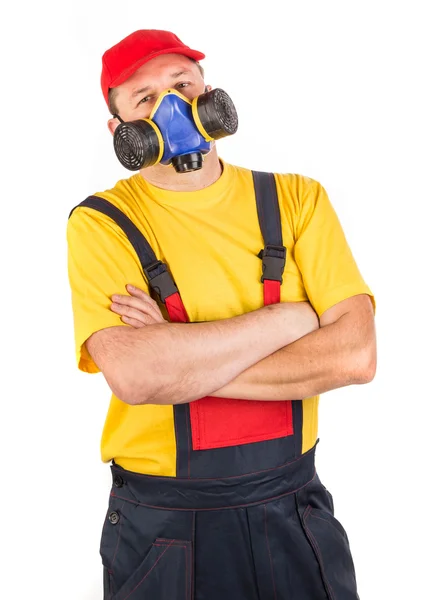 Worker in hat with respirator. — Stock Photo, Image