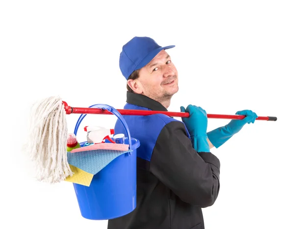 Man holding cleaning supplies. — Stock Photo, Image