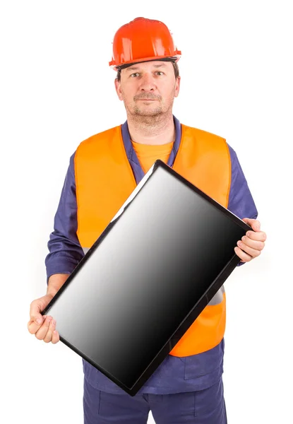 Workman with lcd monitor. — Stock Photo, Image