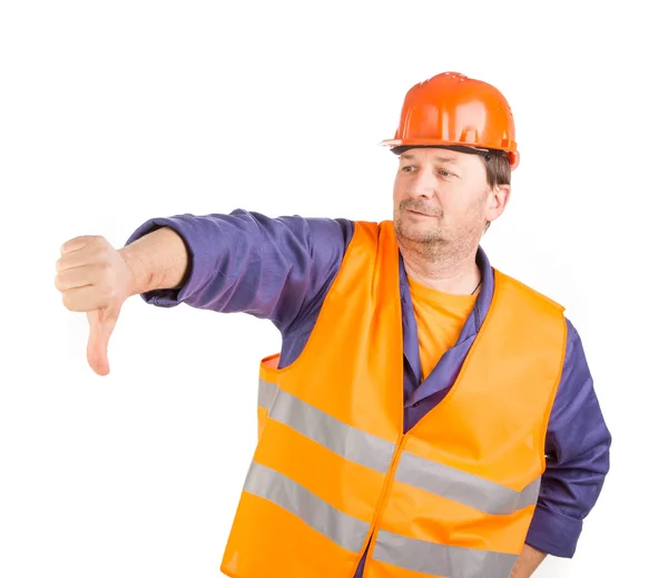 Worker in hard hat with hand thumb down. — Stock Photo, Image