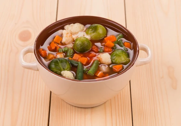 Fresh vegetable soup with sausage in bowl — Stock Photo, Image