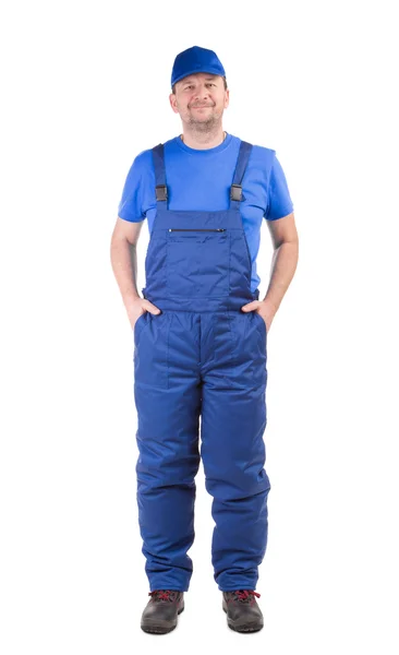 Werknemer in blauwe overalls. — Stockfoto