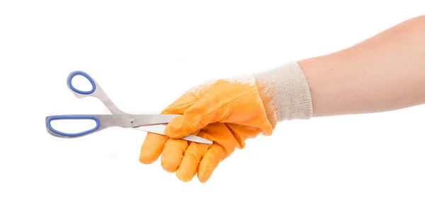 Hand in glove holding scissors. — Stock Photo, Image
