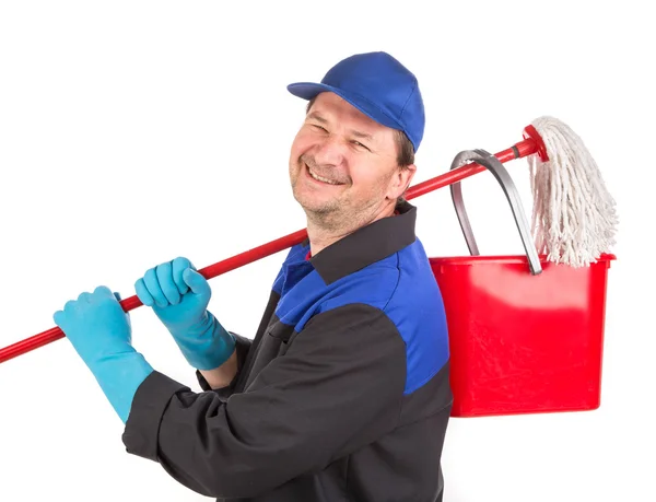 Homem segurando limpeza esfregona — Fotografia de Stock