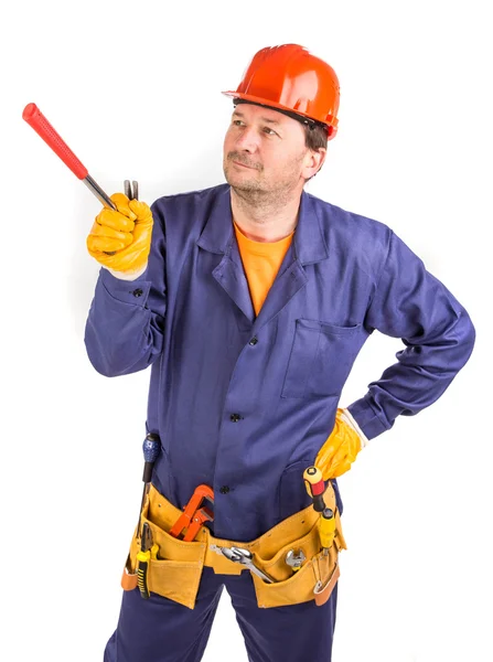 Trabalhador em capacete protetor vermelho . — Fotografia de Stock