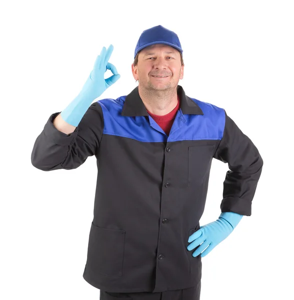 Man in  gloves show ok sign. — Stock Photo, Image