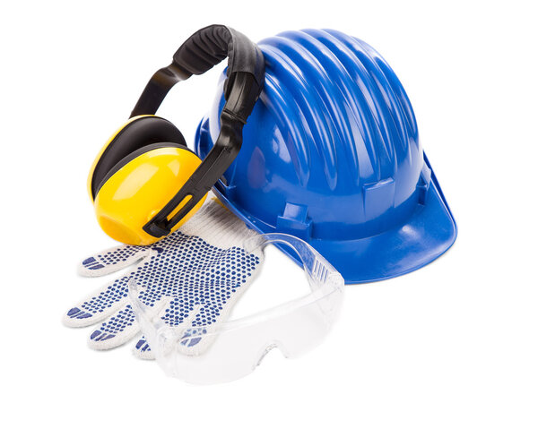 Hard hat, gloves, ear muffs and glasses.