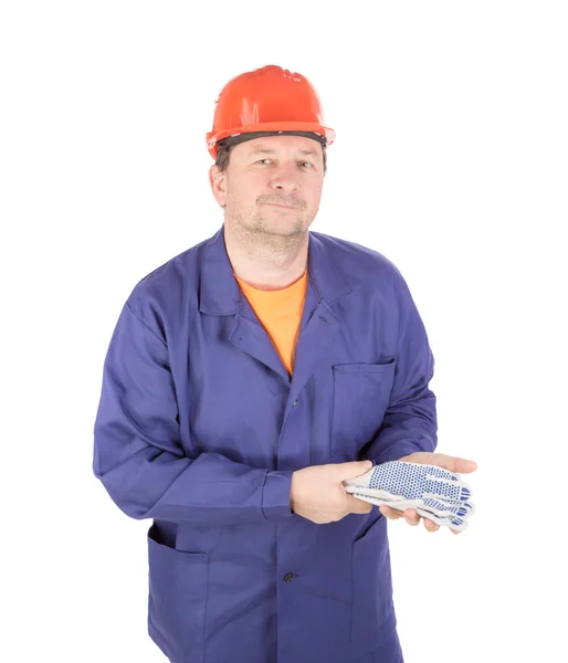 Man in working clothes with gloves. — Stock Photo, Image