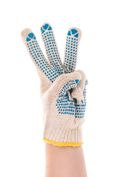 Pracovní rukavice ukazuje tři prsty. — Stock fotografie