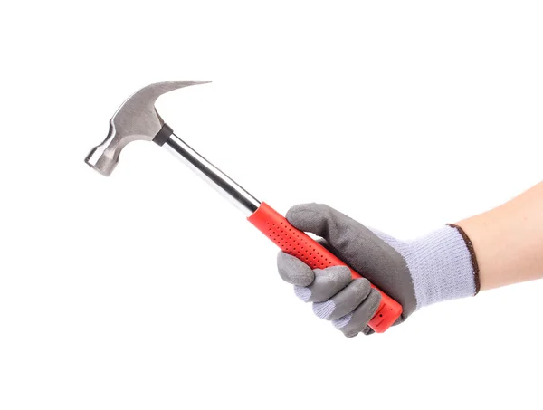 Man's hand in glove holding hammer — Stock Photo, Image