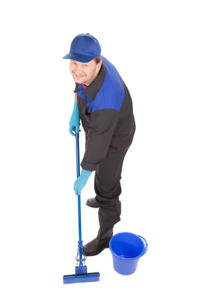 Man with bucket and blue mop. — Stock Photo, Image