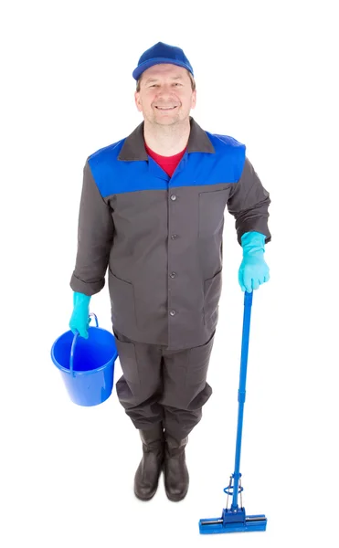 Man with bucket and mop. — Stock Photo, Image