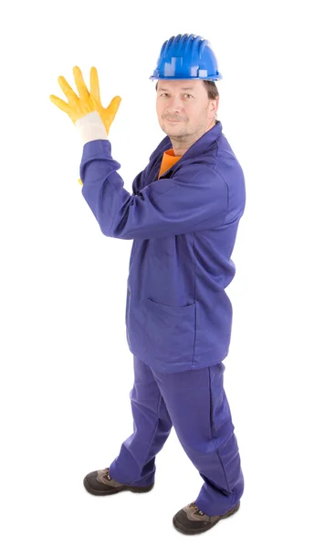 Worker showing yellow gloves — Stock Photo, Image