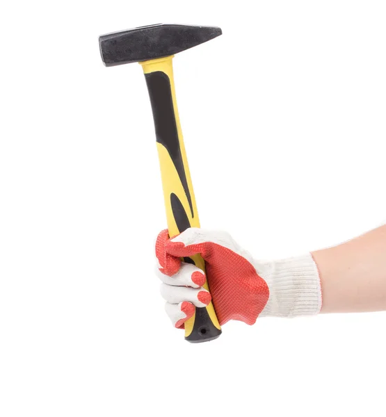 Man's hand in glove holds hammer. — Stock Photo, Image