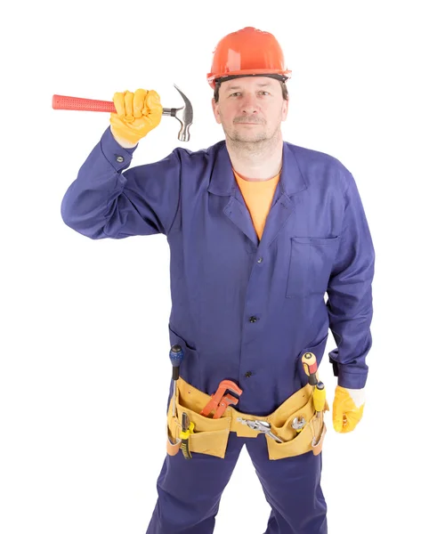 Trabajador sosteniendo martillo. —  Fotos de Stock