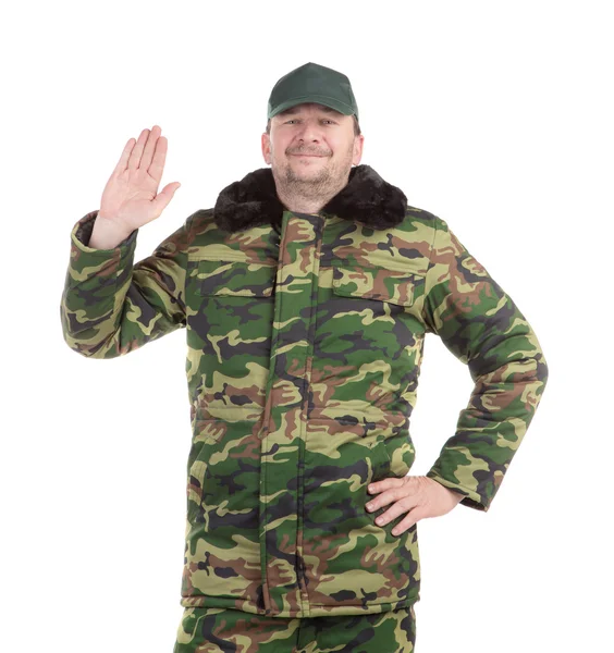 Worker in military clothes with great sign — Stock Photo, Image