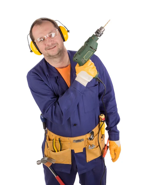 Hombre en traje de trabajo con taladro . —  Fotos de Stock