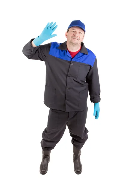 Trabajador con guantes azules y casco — Foto de Stock