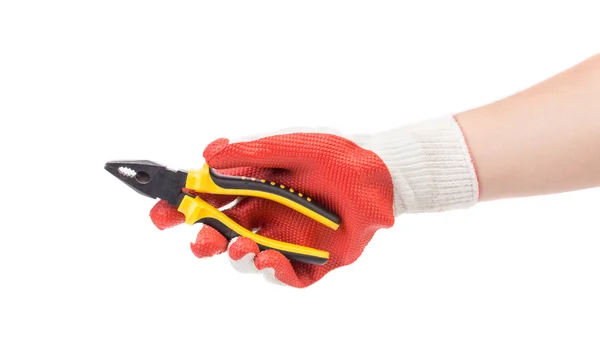 Hand in glove holding pliers. — Stock Photo, Image