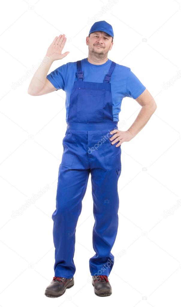 Worker in blue overalls. 