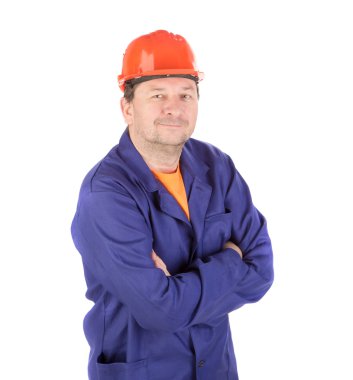 iş giyisi çapraz kolları olan adam.