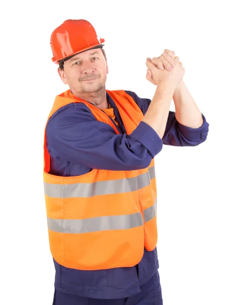 Worker in red protective helmet. — Stock Photo, Image