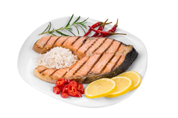 Filete de salmón a la parrilla con arroz. — Foto de Stock