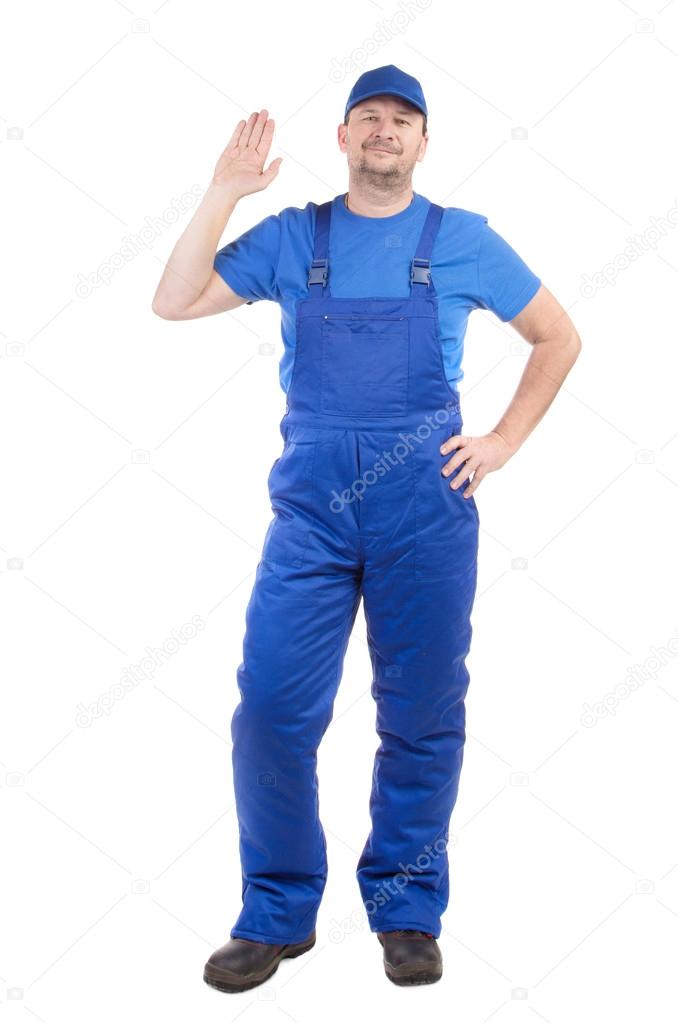 Worker in blue overalls.